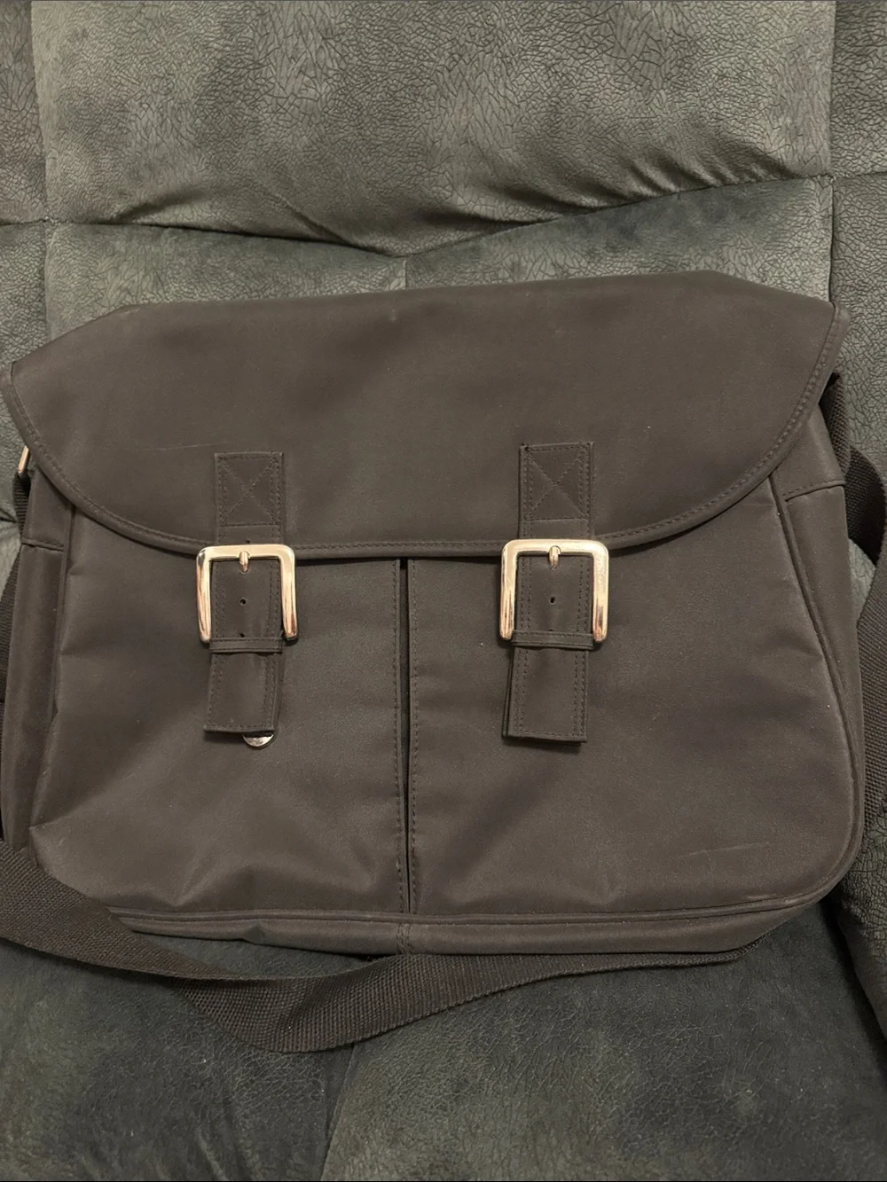 Men's Black Canvas Messenger Bag with Buckle Closure